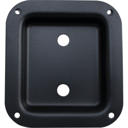Black square metal plate with two central square holes and rounded corners with mounting holes