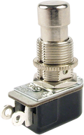 Metal and black plastic latching footswitch with two screw terminals and a push button.