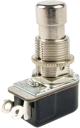 Metal and black plastic latching footswitch with two screw terminals and a push button.