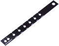 Long black metal panel with labeled holes for instrument inputs and control knobs.