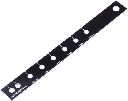 Long black metal panel with labeled holes for instrument inputs and control knobs.