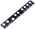 Black control panel with white text and multiple labeled holes for controls or connectors.