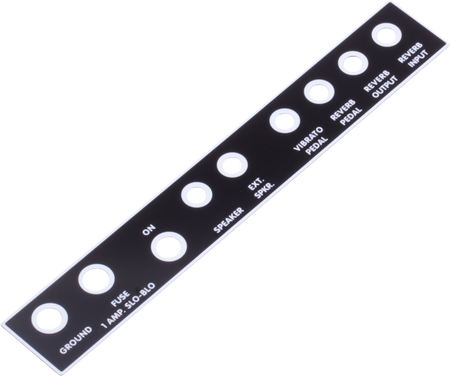 Black control panel with white text and multiple labeled holes for controls or connectors.