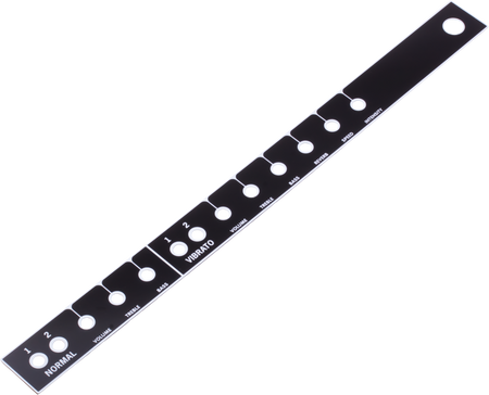 Black metal control panel with knob holes labeled for Normal and Vibrato settings, Speed, Volume, and Reverb.