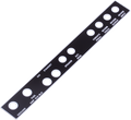 Black metal panel with white text and circular mounting holes labeled for amp connections and controls.