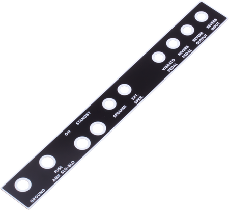 Black metal panel with white text and circular mounting holes labeled for amp connections and controls.