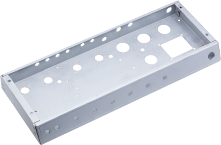 Rectangular metal chassis frame with multiple cutouts and holes for electronic components.