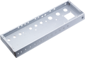 Rectangular metal chassis with multiple cutouts and holes for electronic components.