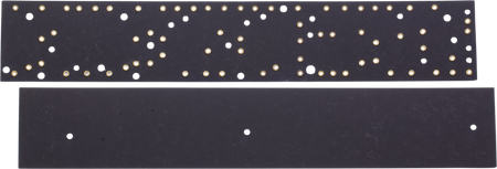 Top and bottom view of two black circuit boards with gold eyelets.
