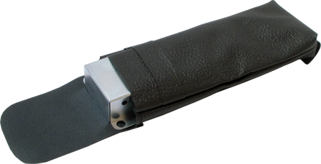 Black tolex-covered rectangular reverb tank with a metal end and four mounting holes.