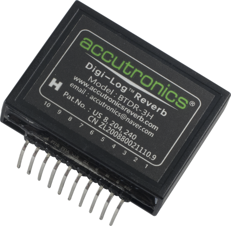 Black Accutronics Digi-Log Reverb module with pin header connectors and label showing model BTDR-3H.
