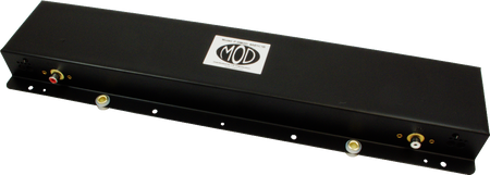 Black rectangular metal reverb tank with MOD logo and connectors on sides.