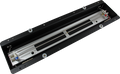 Metal reverb tank component with wires and mounting holes on a black frame.