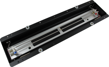 Metal reverb tank component with wires and mounting holes on a black frame.