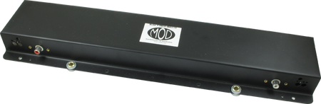 Black rectangular metal reverb tank unit with MOD label and multiple connectors including RCA jacks and screw terminals.