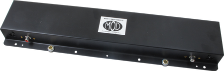 Black rectangular metal reverb tank unit with MOD label, switches, knobs, and multiple 1/4 inch jacks