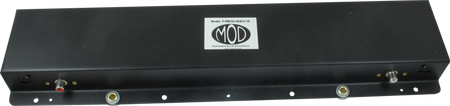 Black rectangular reverb tank unit with metal casing and 1/4 inch jacks on one side