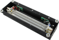 Rectangular black reverb tank with metal plates and electronic components inside end housings
