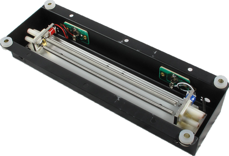 Rectangular black reverb tank with metal plates and electronic components inside end housings