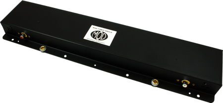 Black rectangular electronic component with connectors, knobs, and a MOD logo on top.
