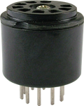 Black cylindrical 9-pin tube socket with straight metal pins and round holes on top.