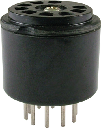 Black cylindrical 9-pin tube socket with straight metal pins and round holes on top.