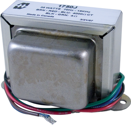 Metal transformer with multiple colored wires and a label showing electrical ratings and model number 1750J.
