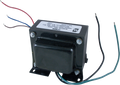 Black Hammond output transformer with wire leads and mounting bracket on white background.
