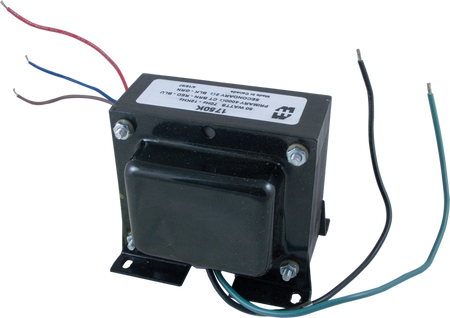 Black Hammond output transformer with wire leads and mounting bracket on white background.