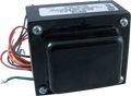Black power transformer with multiple colored wires extending from one side and a white label on top.