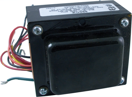 Black power transformer with multiple colored wires extending from one side and a white label on top.