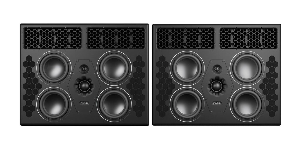 A large PMC10-4 active studio monitor in Studio Black finish, a wide floor-standing cabinet housing four 10-inch bass drivers around a central soft-dome midrange and tweeter.