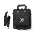 Black soft carrying case with front zipper pocket and detachable shoulder strap laid flat on white background.