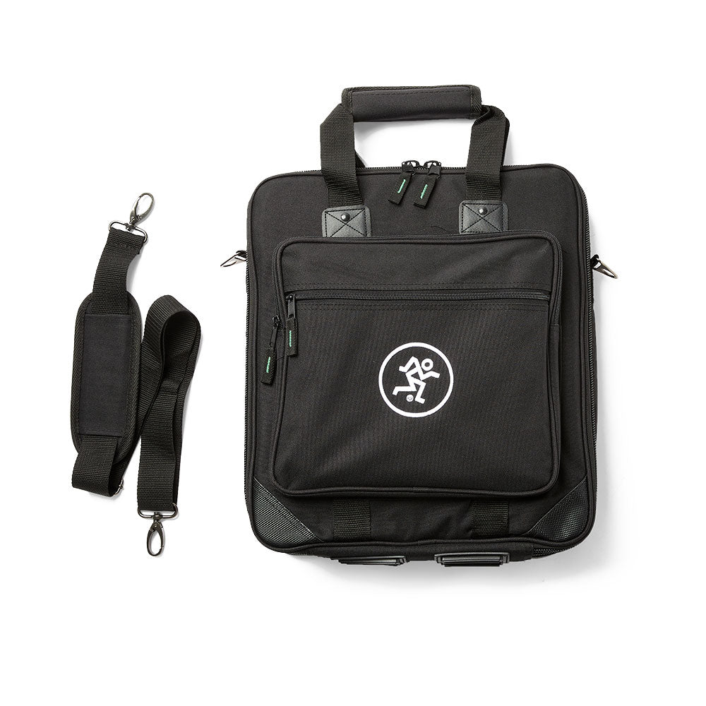 Black soft carrying case with front zipper pocket and detachable shoulder strap laid flat on white background.