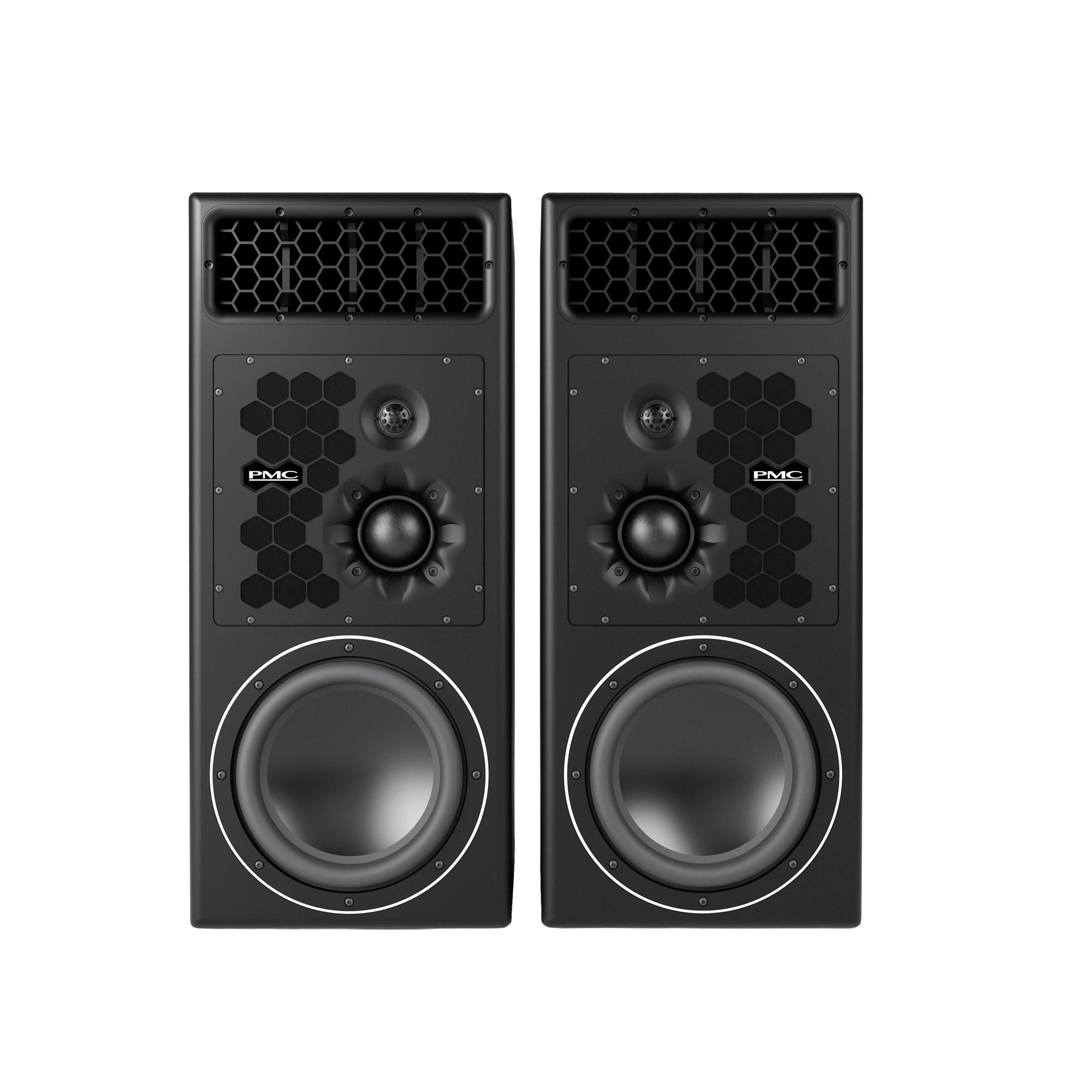 A large PMC PMC12 three-way active studio monitor with a black cabinet, drivers arranged vertically on the front baffle: a 12-inch bass driver, a mid-dome, and a soft-dome tweeter in a waveguide.