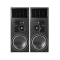 Pair of black PMC15 three-way main studio monitors, each tall cabinet showing a large 15-inch bass driver below a dome midrange and tweeter mounted in a hexagonal-patterned baffle, with a hexagonal vent grille at the top of the cabinet.