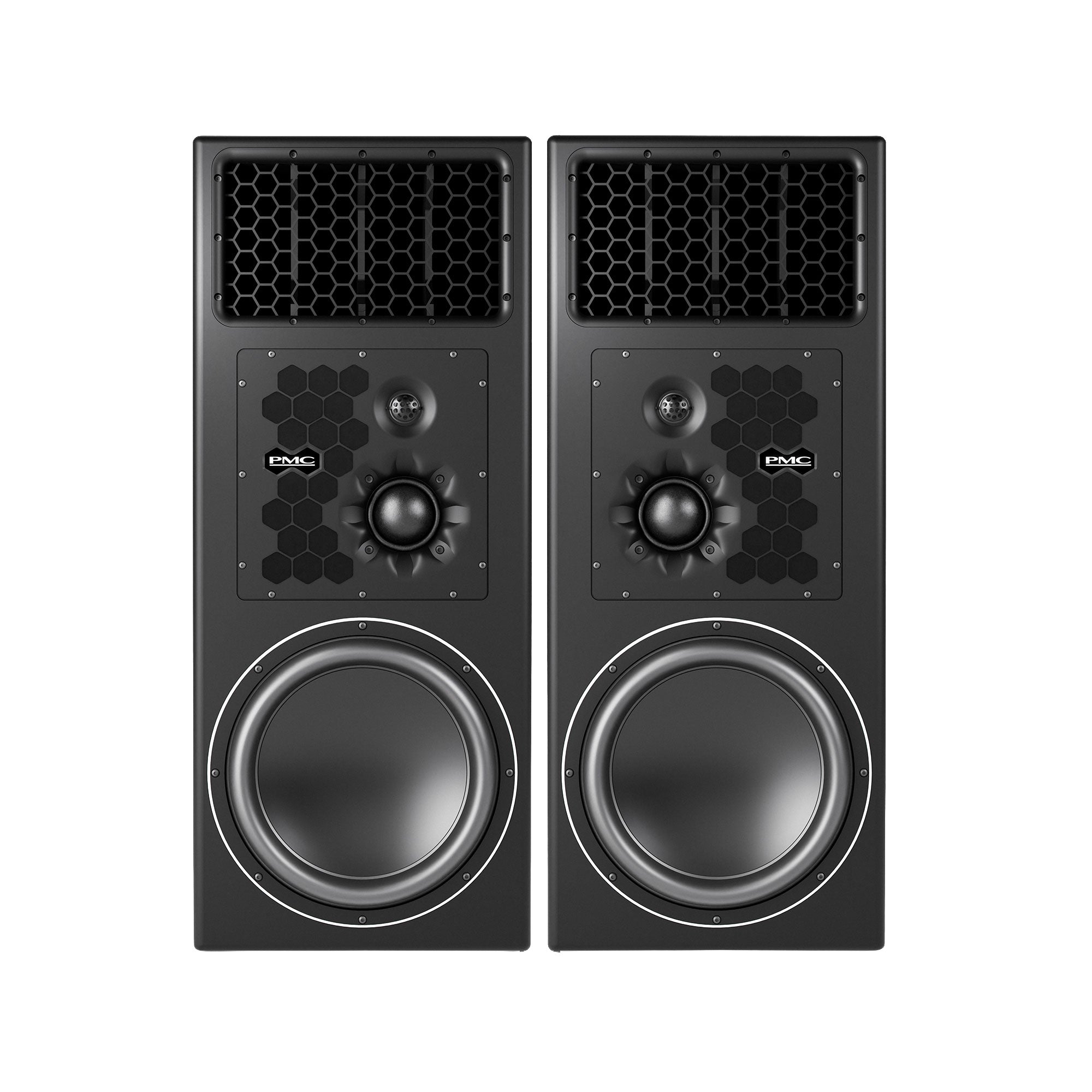 Pair of black PMC15 three-way main studio monitors, each tall cabinet showing a large 15-inch bass driver below a dome midrange and tweeter mounted in a hexagonal-patterned baffle, with a hexagonal vent grille at the top of the cabinet.