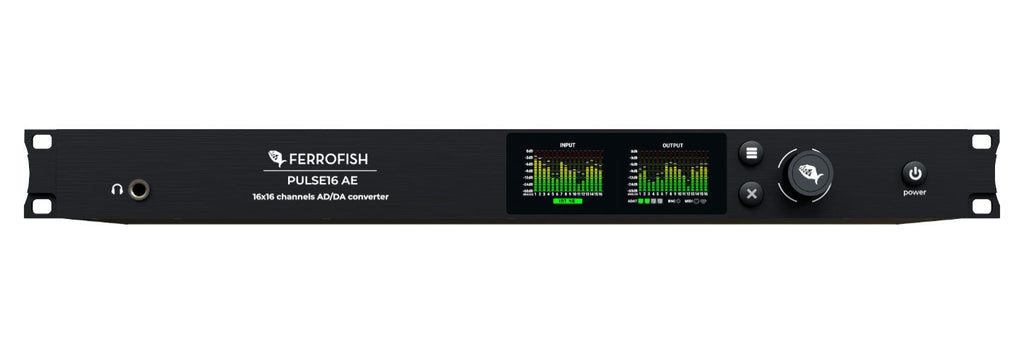 Front panel of a black FERROFISH Pulse16 AE audio converter with headphone jack, display meters, rotary knob, and power button.