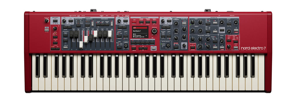 Red keyboard synthesizer with white and black keys and multiple control knobs, faders, and buttons.