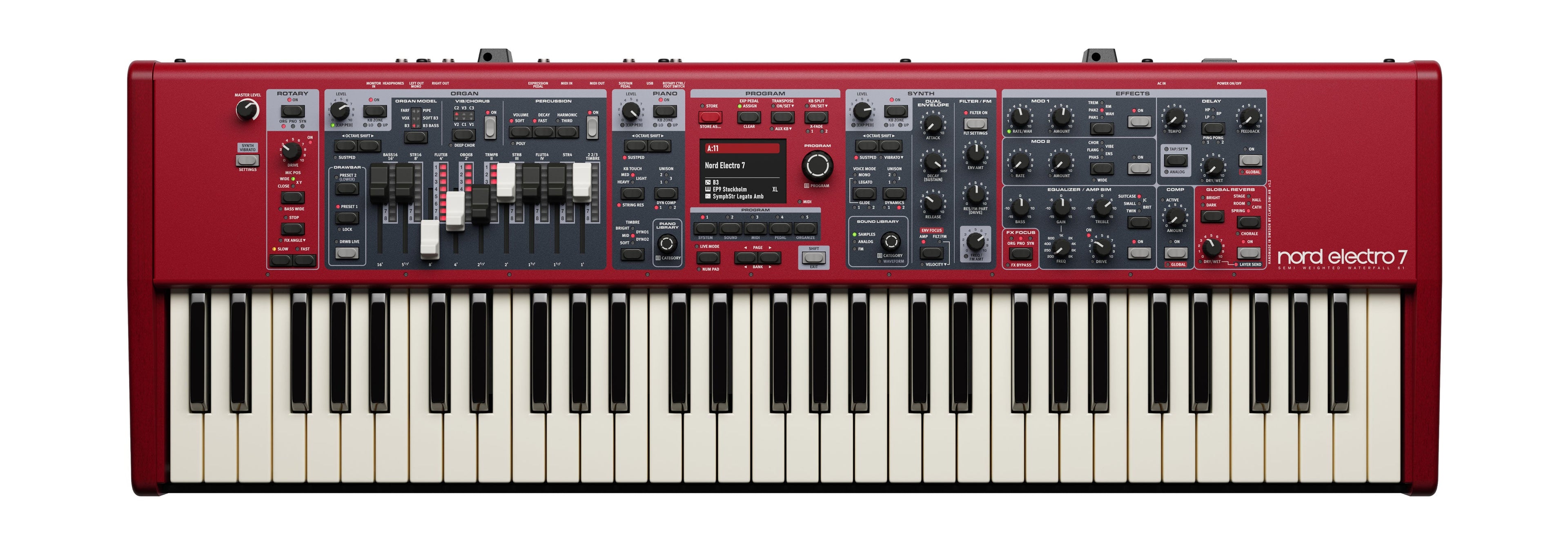 Red keyboard synthesizer with white and black keys and multiple control knobs, faders, and buttons.