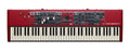 Top view of a red Nord Electro 7 73-key semi-weighted waterfall keyboard synthesizer with multiple knobs, buttons, and faders.