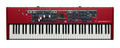 Top view of a red Nord Electro 7 HP keyboard synthesizer with various control knobs, faders, buttons, and a small screen.