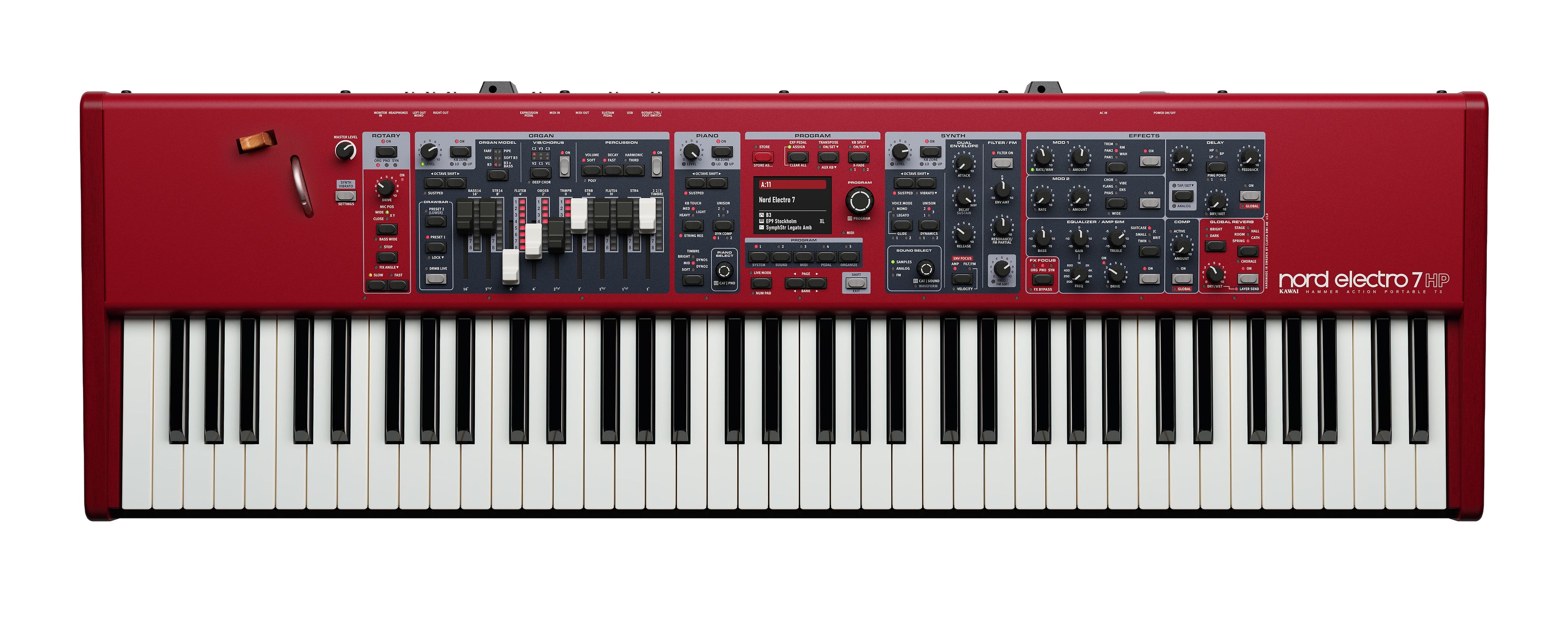 Top view of a red Nord Electro 7 HP keyboard synthesizer with various control knobs, faders, buttons, and a small screen.