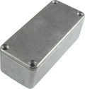 Rectangular gray metal enclosure with a lid and four corner screws on a white background.