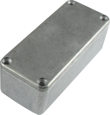 Rectangular gray metal enclosure with a lid and four corner screws on a white background.