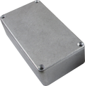 Rectangular metal enclosure box with rounded corners and four screw holes in the corners on the top surface.