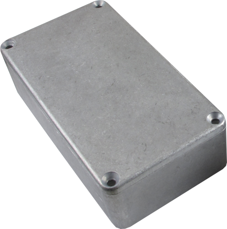 Rectangular metal enclosure box with rounded corners and four screw holes in the corners on the top surface.