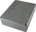 Metal rectangular enclosure box with a removable lid and four corner screws.