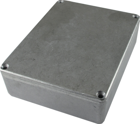 Metal rectangular enclosure box with a removable lid and four corner screws.