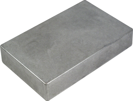 Plain rectangular metallic enclosure box with a smooth finish shown at an angled perspective.